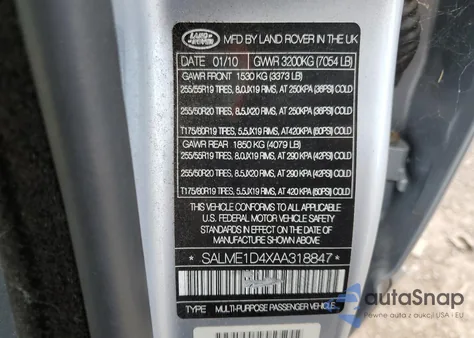 2010 Land Rover Range Rover Hse from USA, damaged, VIN SALME1D4XAA318847